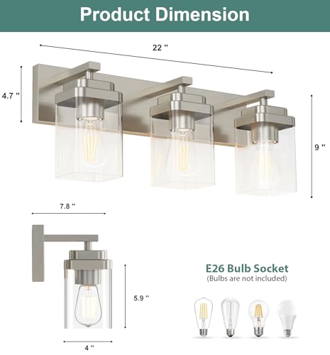 Image of Brushed Nickel Bathroom Light Fixtures, 3 Lights Bathroom Lighting Fixtures Over Mirror, Square Design & Rectangle Large Backplate, Modern Vanity Lighting Fixtures, for Living Room /Bedroom