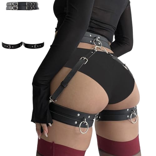 Punk Leather Thigh Harness & Garter Belt Set for Women, Gothic Lingerie Adjustable Waist Cincher with Anti-Slip Leg Straps, Body Harness for Nightclub,Halloween,Cosplay, Rave Party Fashion accessories
