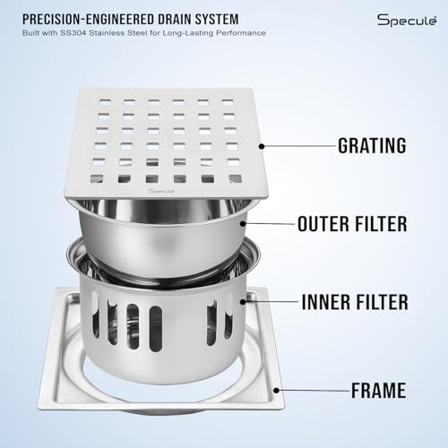 Image of Silver Exclusive Cube Floor Drainer | 304-Grade Stainless Steel | 5x5 inch Anti-Rust & Anti-Crack Floor Drain with Brushed Finish | Stain Resistant Silver Bathroom /Kitchen Drain Cover