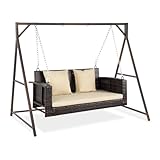 VINGLI Outdoor Wicker Porch Swing With Stand - Heavy Duty 800 LBS Rattan Hanging Set With Cushions, 4FT for Yard, Garden, Lawn, Brown