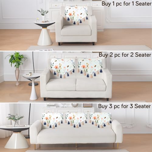Image of HOKIPO Premium Sofa Backrest Cover Mat | Printed Holland Velvet with Tassels | 'Whispers of Nature' Pastel Butterfly Meadow (IN-1116-D2)
