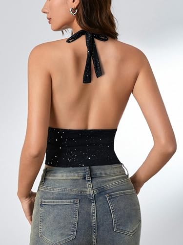 SOLY HUX Women's Halter Tops Glitter Sparkly V Neck Wrap Ruched Backless Sleeveless Crop Tank Top Party Clubwear2