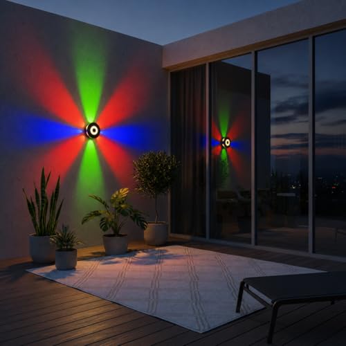 Image of Waterproof Up Down Led Wall Lamp, Aluminium IP65 Body 6+1 Way, Multycolor, Indoor /Outdoor Decorative Wall Sconce Light (HaloBeam 6 Way Color)