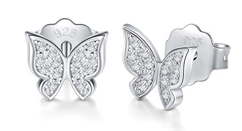 Solid 18K Gold Over 925 Sterling Silver Stud Earrings, Cubic Zirconia Butterfly Stud Earrings/Silver Earrings, Gold Earrings for Women