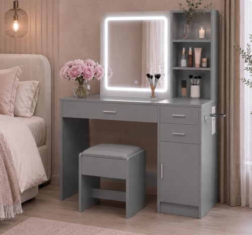 Image of Vida Designs Clova 3 Drawer 1 Door LED Dressing Table Set | Grey | 140H x 115W x 40D cm | Built-In Power Outlet and USB Ports | Includes Stool and Mirror | Space-Saving | Full Makeup Vanity Desk Set