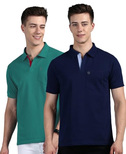 Image of Lux Cozi Men Cotton Regular Fit Polo Neck Half Sleeve Solid Casual T-Shirt with Chest Pocket | Pack of 2 |