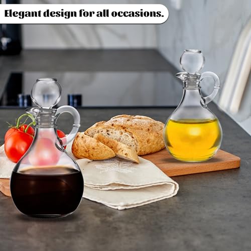 BSTKEY Set of 2 Olive Oil Dispenser Bottle with Stopper, Elegant Style Round Glass Cruet Bottles for Kitchen, 310ml Oil Dispenser Spout Container for Syrup Olive Vinegar