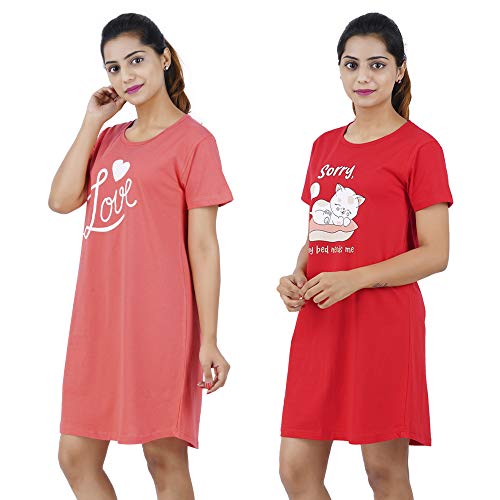Image of Buy That Trendz Women's Cotton Graphic Print Knee Length Short Night Dress Long Tshirt (Pack of 2)
