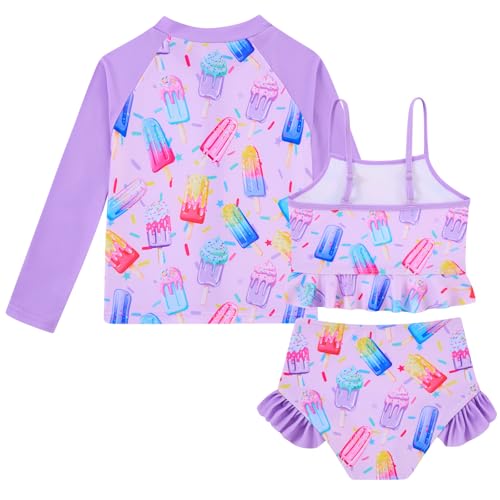Image of Funnycokid Girls Swimsuit Kids Bathing Suit Rashguard Swimwear Long Sleeve 3 Piece Toddler 3-7 Years