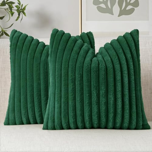 Image of MIULEE Faux Fur Decorative Throw Pillow Covers 18x18 Set of 2 Dark Green | Modern Spring Home Decor Soft Plush Couch Pillows Cozy Fluffy Cushion Covers for Sofa Bed Living Room