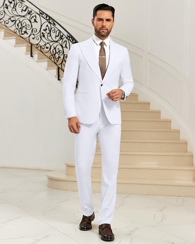 Men Suits Slim Fit 2 Piece White Dress Suit Blazer Solid Jacket Pant Set Business Suit Wedding Groom Prom Tuxedo S3