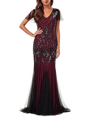 Image of Women Evening Dress 1920s Flapper Cocktail Mermaid Plus Size Formal Gown with Long Gloves