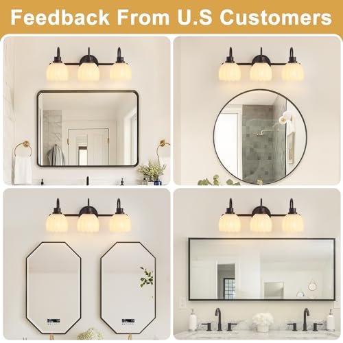 Image of Bathroom Light Fixtures (3-Light, 20 Inch), Oil Rubbed Bronze Vanity Lights for Bathroom with Ribbed White Tulip Glass Shade, Vintage Vanity Wall Lights for Mirror Bedroom Living Room Hallway