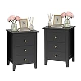 Giantex Nightstand Set of 2 with 3 Drawers, Wood Black Night Stand Bedside Table w/Storage Drawer & Round Metal Knobs, Modern End Side Table for Dorm Bedroom Small Spaces, 14.5' D x 18' W x 26' H