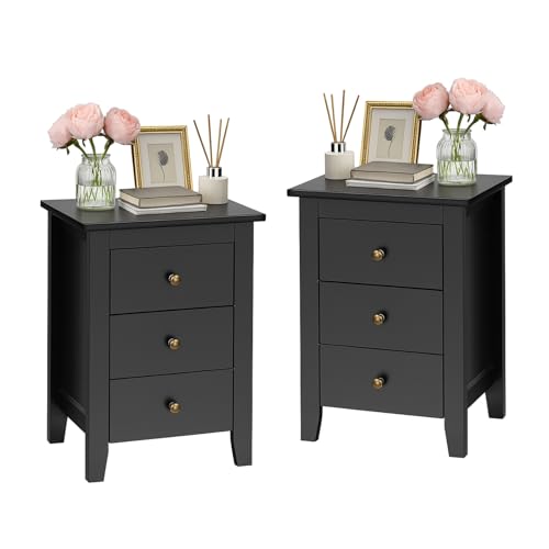 Giantex Nightstand with 3 Drawers Set of 2, Wooden Side Table w/Solid Wood Legs & Storage Cabinet, Bedside Accent Sofa Table for Bedroom Small Space, Black