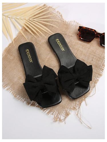 Verdusa Women'S Bow Square Toe Flat Sandals Summer Slides Slip On Sandals Black 8 thumb #1