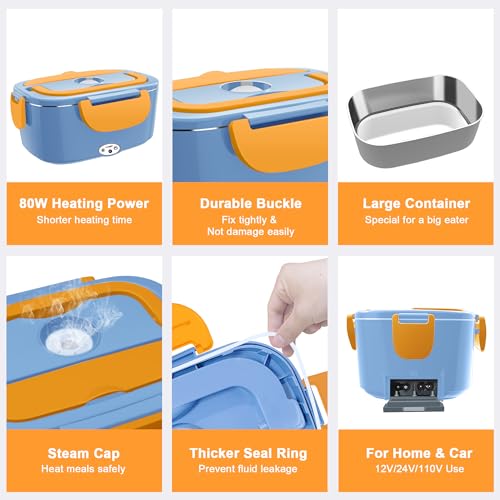 Image of HOLDRUBY Heated Lunch Boxes for Adults, 80W Electric Lunch Box Food Heated 12 /24 /110V 1.5L Heatable Lunch Box for Car /Truck Leak-Proof Removable Stainless Steel Container, Fork & Spoon, Bag