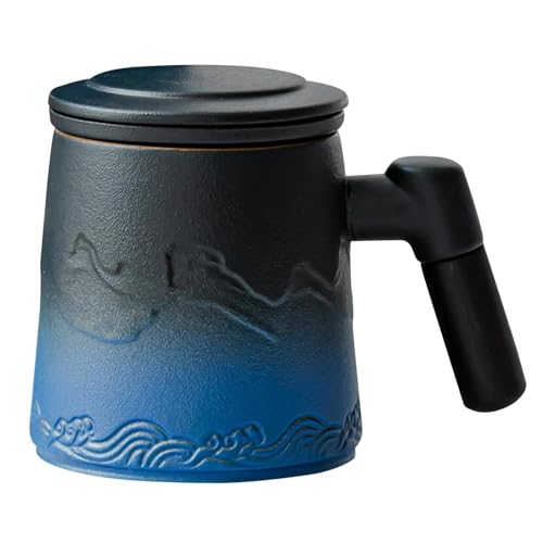 LEKUNI Taza Té de Porcelana con Infusor y Tapa, Accesorio de Té con Filtro, Taza de Té de Hojas Sueltas con Infusor, 450ml para Té/Café/Leche/Mujer/Oficina/Hogar/Regalo (Azul Degradado)