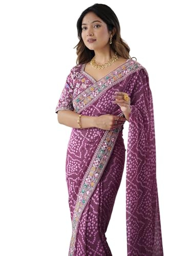 Image of Satrani Women's Georgette Bandhani Printed Sequin Embroidery Saree with Unstitched Blouse Piece