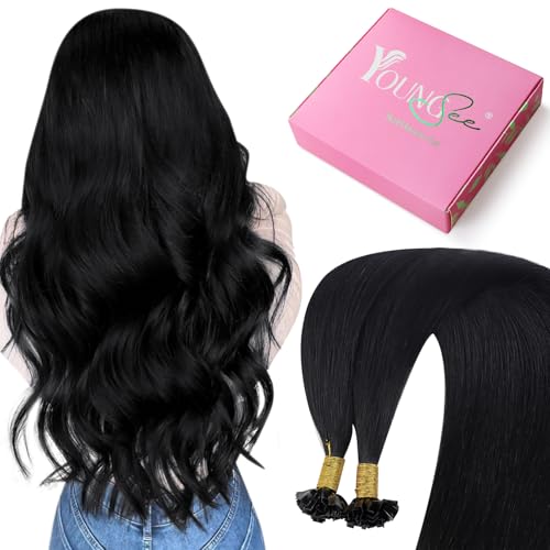 Image of YoungSee Keratin Hair Extensions Ktip Jet Black 20inch Remy Hair Extensions K Tip Jet Black K Tips Hair Extensions Real Human Hair Jet Black Fusion Hair Extensions Human Hair Remy 50s /50g