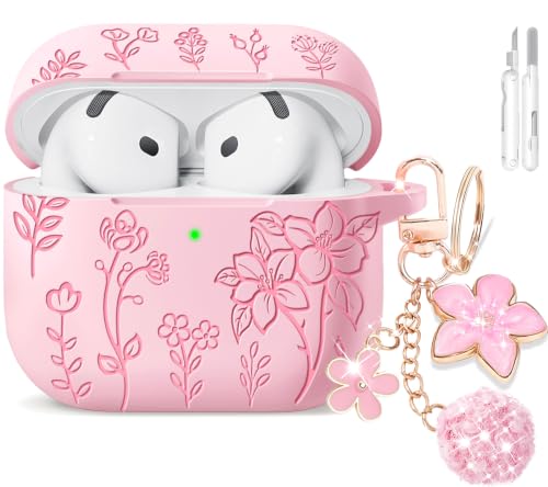 Image of Ekoonpft for AirPods 4 Case, Soft Silicone Flower Engraved Cases Pink