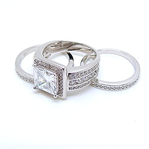 Beverly Wedding Ring Set for Women by Ginger Lyne | 3 Piece White Gold over Sterling Silver Engagement Ring Two Matching Anniversary Bands Square Halo Design Cubic Zirconia Princess Cut Center Stone3