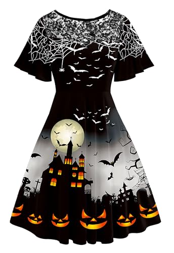 Arankhiger Halloween Damen Sexy Kleid Spitzenkragen Cocktailkleid Kurzarm Hexenkleid Schwarze Kleid Schloss XL