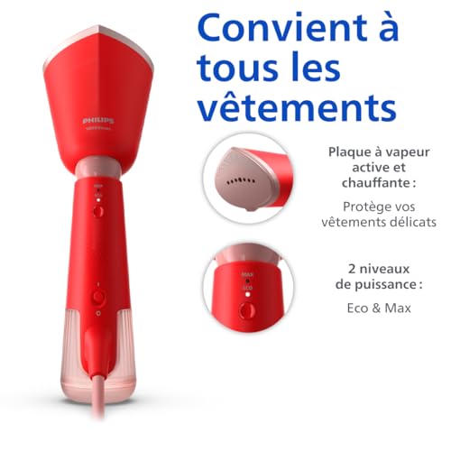 Philips Défroisseur à Main 5000 Séries - Steamer 1300W, Vapeur 24g/min, Réservoir 120ml, prêt en 35sec, plaque chauffante, modes Éco & Max, pochette, Léger 720g, rouge orangé (STH5020/40)