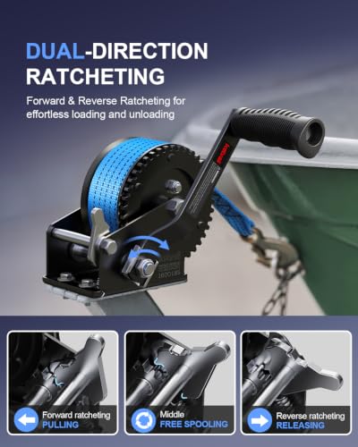 Image of Kolvoii 1600 lbs Boat Trailer Winch with Strap, Portable Hand Winch, 2-Way Ratchet 4.1:1 Gear Ratio for Boat, Trailer, Marine and Jet Ski, 26FT Strap, Blue