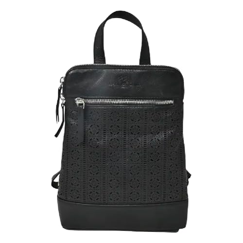Laura Valle Mochila Piel Mujer Auténtica Modelo Flamenco – Bolso Mochila Mujer Juvenil y Elegante Bolso Cuero Diseño Repujado y Bolsillo Antirrobo Seguro (Negro)