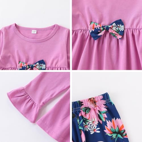 Image of Kids Toddler Girls Clothing Set Long Sleeve Top With Bowknot ＋Floral Print Pants 2 Pcs Fall Outfits Set