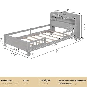   Twin-Bed-Frame-with-Storage-Headboard-and-Fence-Rails-Wood-Low-Platform-Beds-with-LED-Light-and-Slat-Support-for-Kids-Boys-Girls-Teens-No-Box-Spring-Needed-Twin-Size-Rustic-Gray