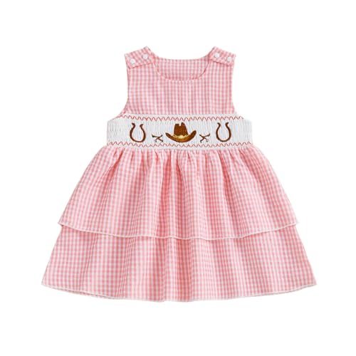 Motlapol Toddler Baby Girl Smocked Cowgirl Dress Cowboy Hat Embroidery Gingham Sleeveless Tiered Ruffle Dress Western Outfit (Pink 18-24 Months)