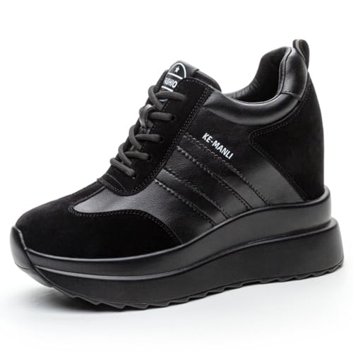 MIEHUIAI Damen Sneaker mit Keilabsatz 10 cm Plateau Freizeitschuhe Mode Wedges Sneakers Bequeme rutschfest Turnschuhe(Schwarz,Größe 40)