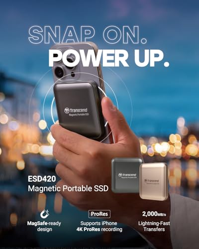 Image of Transcend ESD420 2TB Magnetic External SSD, Up to 2000MB /s, Supports Apple 4K ProRes HDR Record, MagSafe, iPhone17,16,15 /iPad /Mac /Tablets /Windows /Android, USB 3.2 Gen2x2 20Gbps Portable USB-C SSD