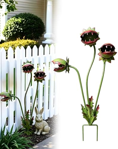 HUBAI Whimsical Metal Carnivorous Plant Garden Stake 25-Inch Large Venus Flytrap Monster Plant Sculpture Durable Yard Art for Flower Beds Patios Planters Unique Quirky Garden Decor (Green)