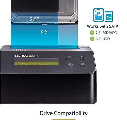 Image of StarTech.com Single Bay SSD /HDD Hard Drive Eraser, 2.5 /3.5 inch SATA, Hostless Standalone Secure Erase, Disk Sanitizer, Hardware Wiper Erasing Tool, 9 Modes, Printer Port, NIST /DOD, LCD, TAA (SDOCK1EU3P) | Standalone disk sanitizer, Hardware wiper, 9 modes, Single /3 /7-pass, Secure erase, NIST 800-88, USB 3.0, RS232 port