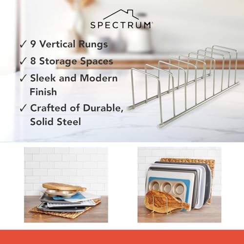 Image of Spectrum Euro Kitchen Organizer Cutting Board Holder Stand for Countertop or Inside Kitchen Cabinet Organization Gold, 8 Slot Cutting Board Drying Rack or Cabinet Plate Bakeware Storage Organizer