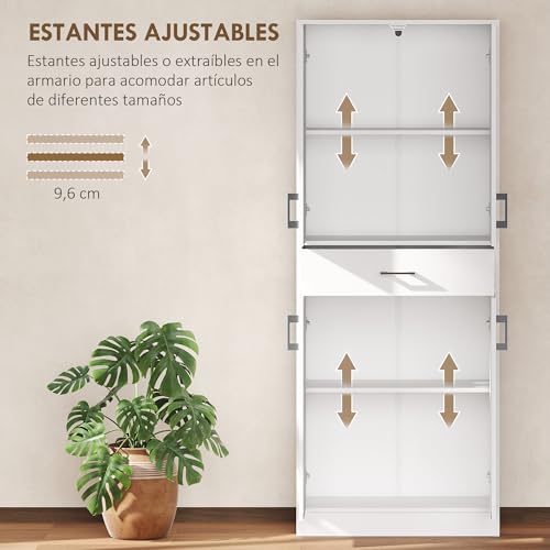 HOMCOM Alacena de Cocina con 4 Puertas 1 Cajón y Estantes Ajustables Antivuelco Armario de Cocina Moderno para Comedor Salón 70,8x34x180 cm Blanco y Plata - imagen 5