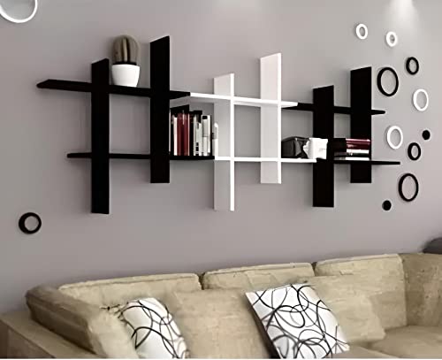 Bros Moon MDF Floating Elegant Plus Style Wall Shelves|Spacious Wall Mount | Home Decor|Living Room | Kids Room | Mandir (Black White Black,3)