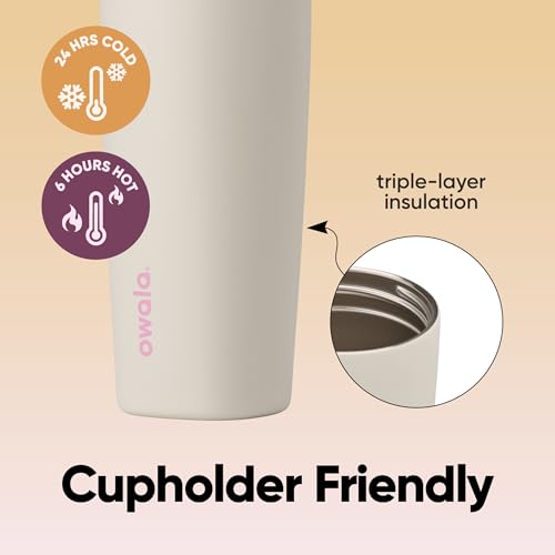 Image of Owala SmoothSip Slider Insulated Stainless Steel Coffee Tumbler, Reusable Iced Coffee Cup, Hot Coffee Travel Mug, BPA Free 20 oz, Pink /Tan (Daybreak)
