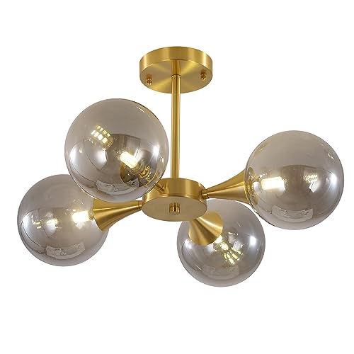 KCO Lighting 4-Lights Modern Gold Globe Semi Flush Mount Ceiling Light Mid Century Brushed Brass Schoolhouse Close to Ceiling Light Smoke Gray Glass Chandelier Lighting for Bedroom