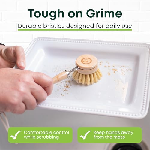 Image of Tieralia Bamboo Dish Brush Set 5 Piece - Eco Friendly Kitchen Cleaning Kit with Bottle Brush, Long Dish Brush, Palm Scrubber & 2 Plant-Based Sponges | Plastic-Free Natural Dish Scrubber