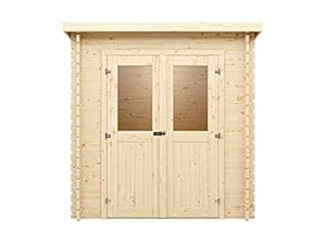 Woodtex Holz Gerätehaus Mini 1 A | Gartenhaus | Wandstärke 28 mm | Naturbelassen | Pultdach | B x T x H: 198 x 118 x 204, 4 cm | Inkl. Doppelflügeltür Mit Echtglas | Ohne Fußboden