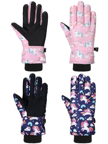 Honoson 2 Pairs Kids Snow Gloves Winter Waterproof Kids Ski Gloves Youth for Girls Boys Outdoor Toddler Snowboard Warm Clothe(Unicorn Pattern,10-15 Years)