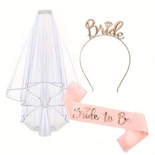 HABNI 3 peças despedida de solteira plástico acessórios Bride To Be Sash And Veil banda despedida solteira casamento noite de duche nupcial ouro rosa