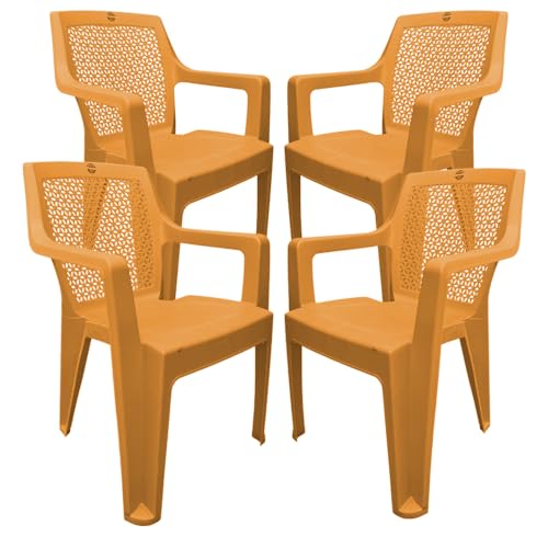Image of SkyGlamour Cello Sonet Plastic Chair | Plastic Chair for Garden, Home, Living Room with Matt Finish | Plastic Chairs Set of 4 (Colour: Amber Gold; Set of 4 Chairs)