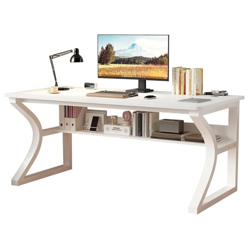 SXZenSpace Escritorio para computadora, Escritorio para Oficina en casa con Estante para Libros, Estante de Almacenamiento para Escritura, Escritorio Moderno para Estudio y Trabajo, Color bla