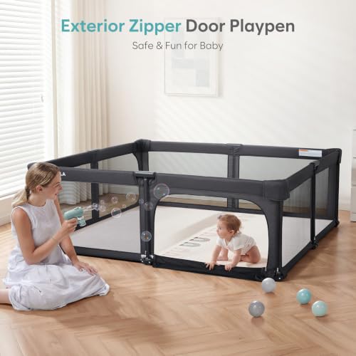 Image of Baby Playpen Portable, Pre-Assembled Play Pen 71x79 Large Foldable Playpen for Babies and Toddlers, Sturdy and Safe Toddler Play Yard Indoor Outdoor with Carry Bag, Black