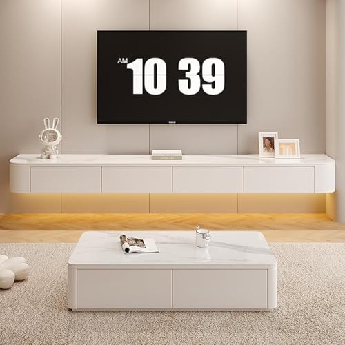 Image of Floating TV Stand Wall Mounted - Wall Entertainment Center with Flip-Down Doors & Drawers, Modern Hanging TV Shelf for Living Room, Media Console for 65 /75 80 Inch TVs (Texture, 118 IN /300CM)